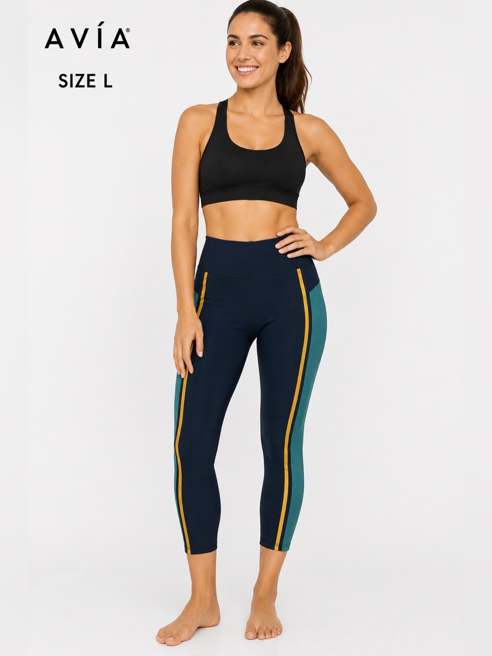 Avia Colorblock Athletic Leggings Navy Blue Green Gold Stripe High Rise Size L